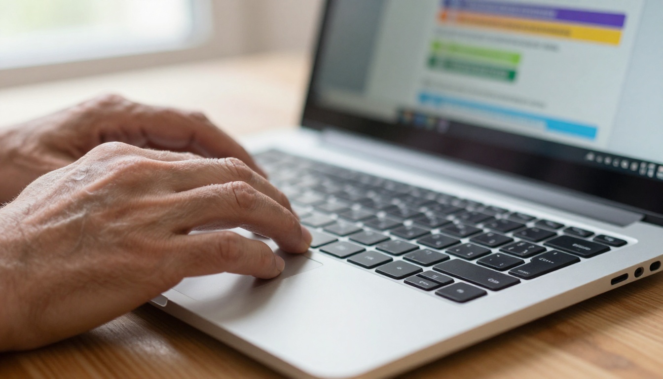 Close-up of hands using keyboard navigation to browse an accessible digital flipbook