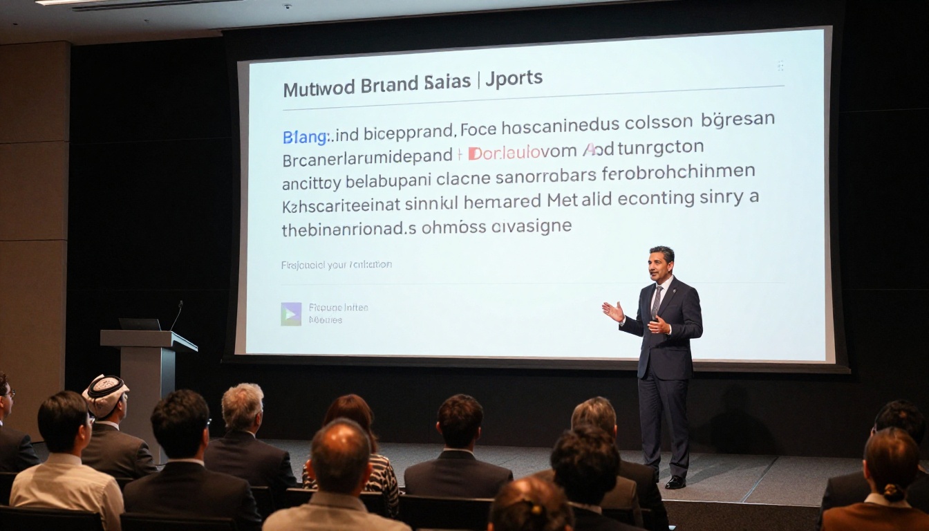 Global brand presentation in large auditorium with multilingual catalog on projection screen