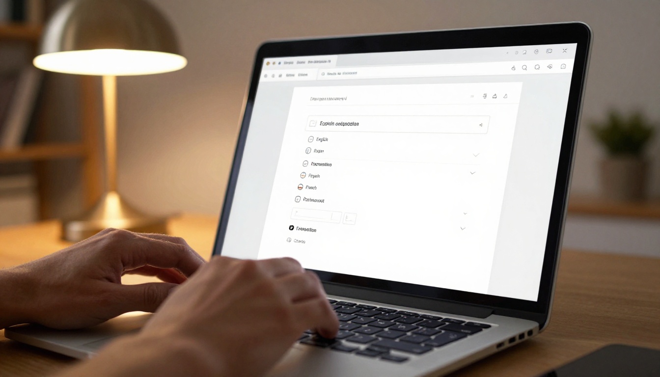 Close-up of hands uploading a PDF with language selection dropdowns on laptop screen
