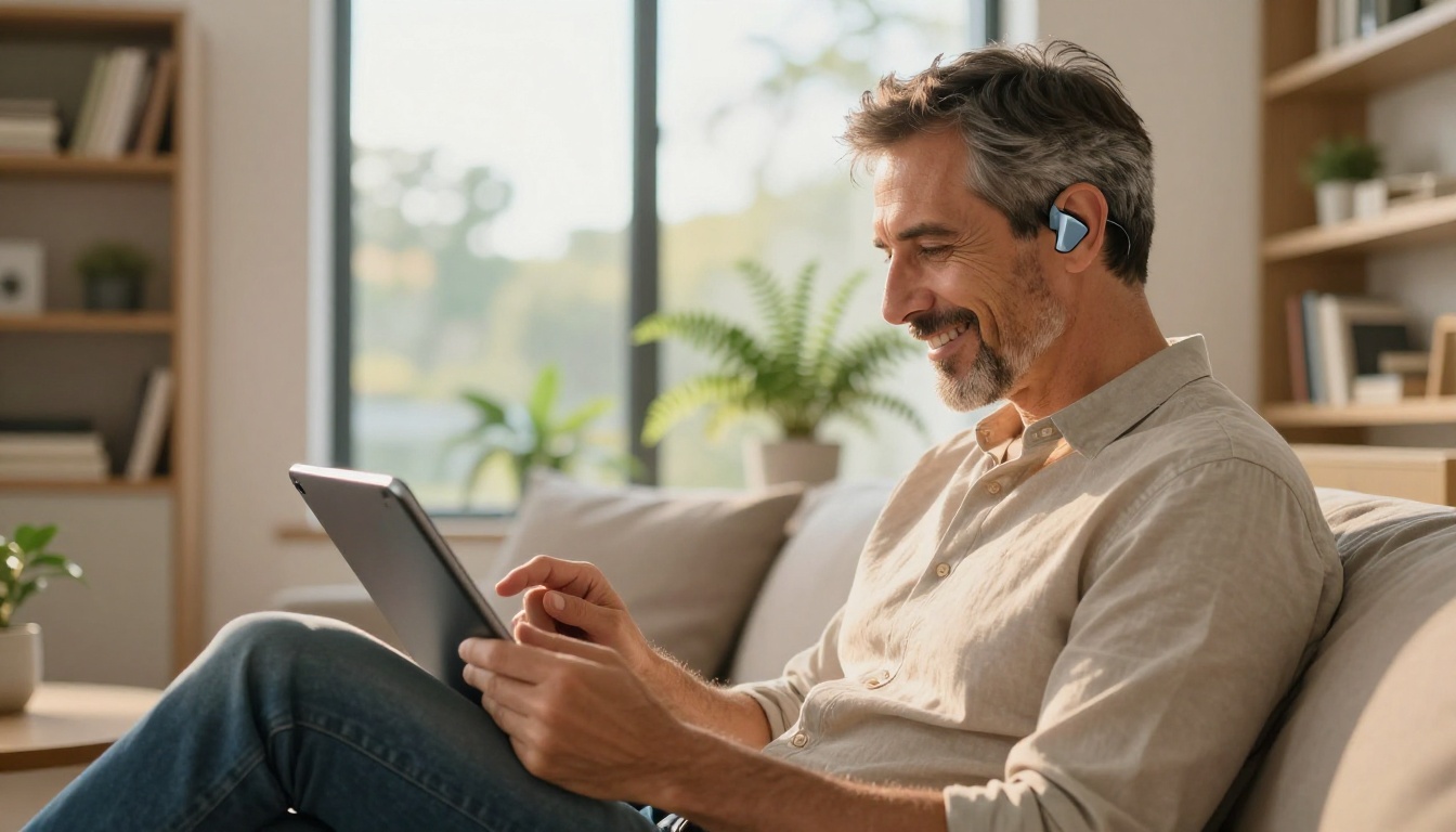 Man with hearing aids reading an interactive digital flipbook on a tablet in a bright living room