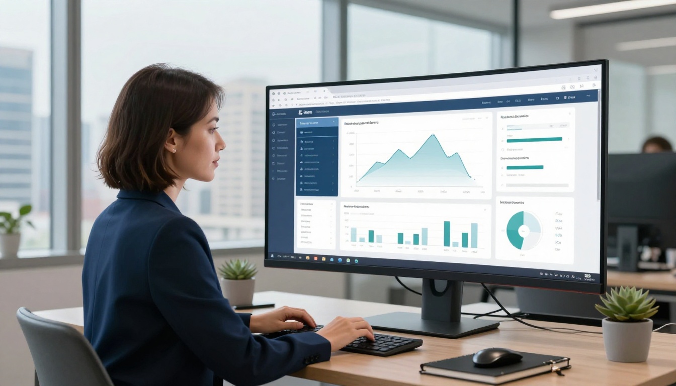 Business professional reviewing accessibility analytics on a curved monitor in a glass-walled office