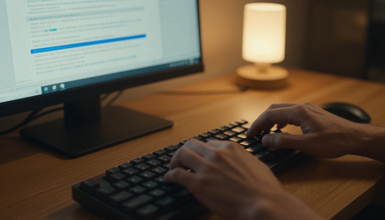 Screen reader user typing on keyboard with assistive technology software visible on monitor in amber-lit study Screen reader user typing on keyboard with assistive technology software visible on monitor in amber-lit study