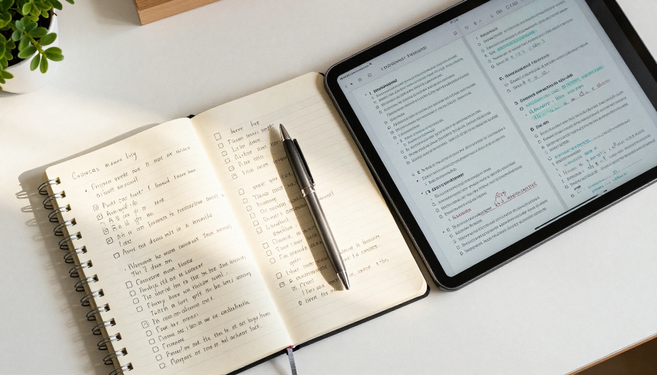 Aerial top-down view of accessibility notes notebook and tablet showing flipbook with alt-text tooltips Aerial top-down view of accessibility notes notebook and tablet showing flipbook with alt-text tooltips