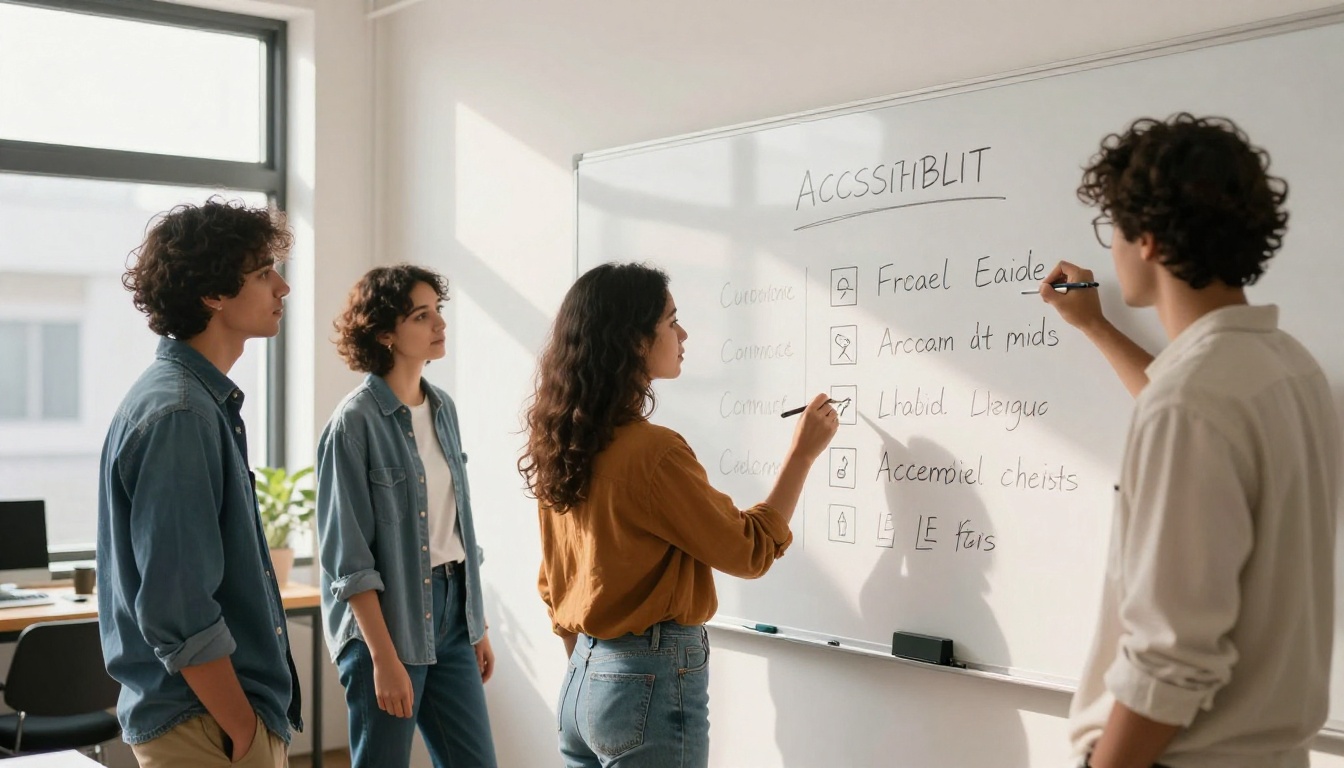 Creative team reviewing an accessibility checklist on a whiteboard in a bright studio space