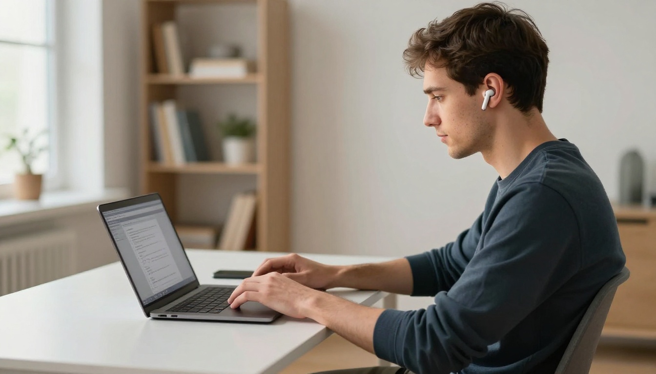 Visually impaired young man with earbuds listening to screen reader audio on laptop at minimalist desk Visually impaired young man with earbuds listening to screen reader audio on laptop at minimalist desk