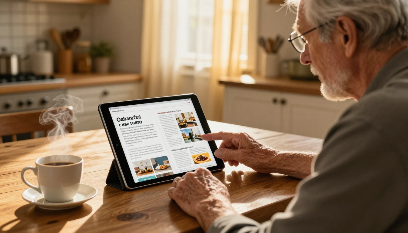 Elderly man reading an accessible digital flipbook on a tablet in a warm sunlit kitchen