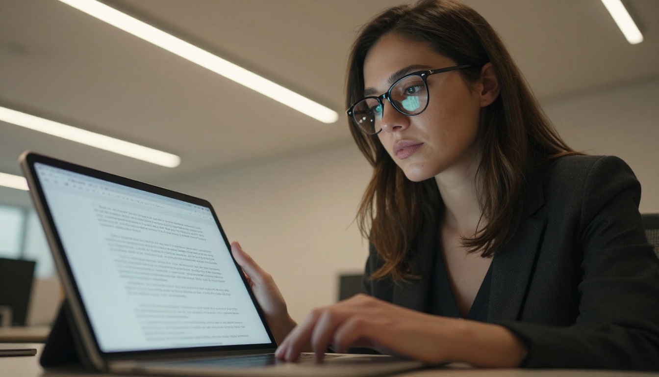 Woman reviewing tablet with accessible flipbook content, low-angle office view with soft LED lighting Woman reviewing tablet with accessible flipbook content, low-angle office view with soft LED lighting