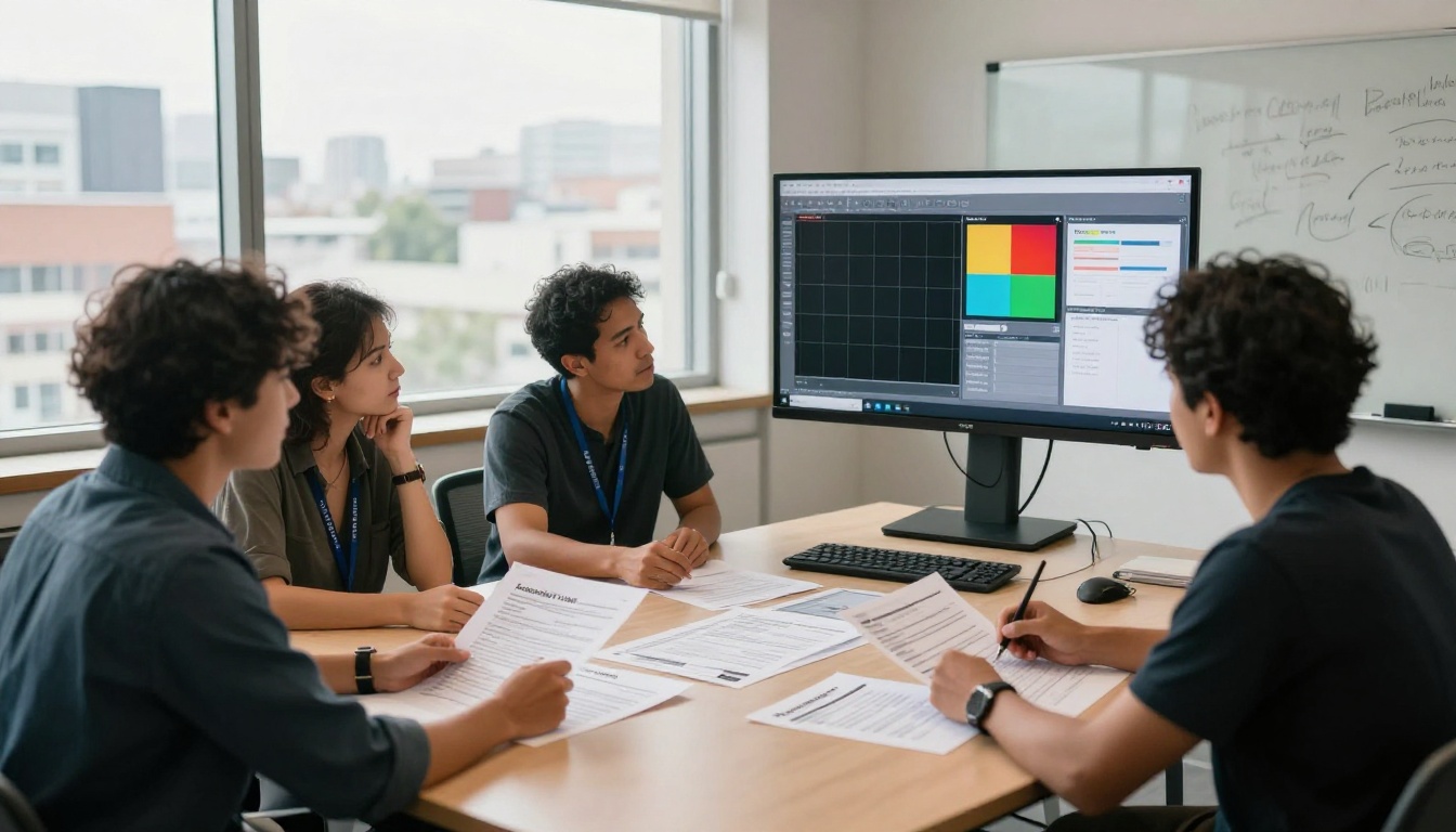 Diverse team reviewing accessibility audit documents and contrast checker on large monitor at conference table