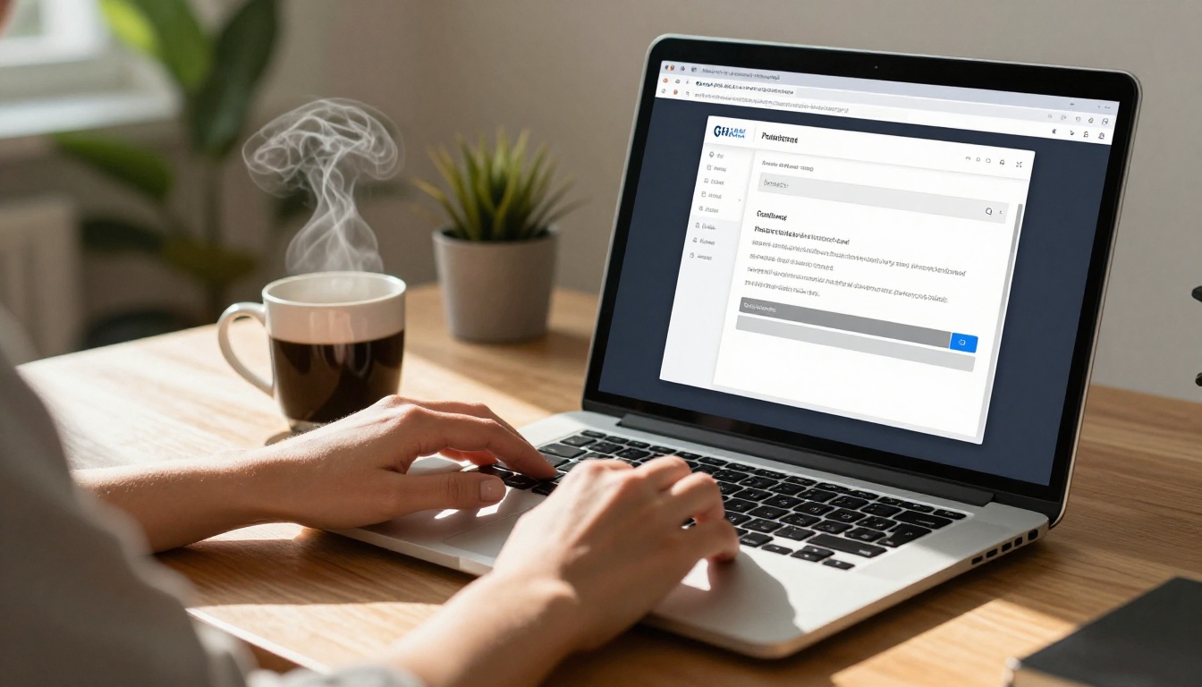 Woman uploading a PDF to browser-based digital publishing platform, morning light through window