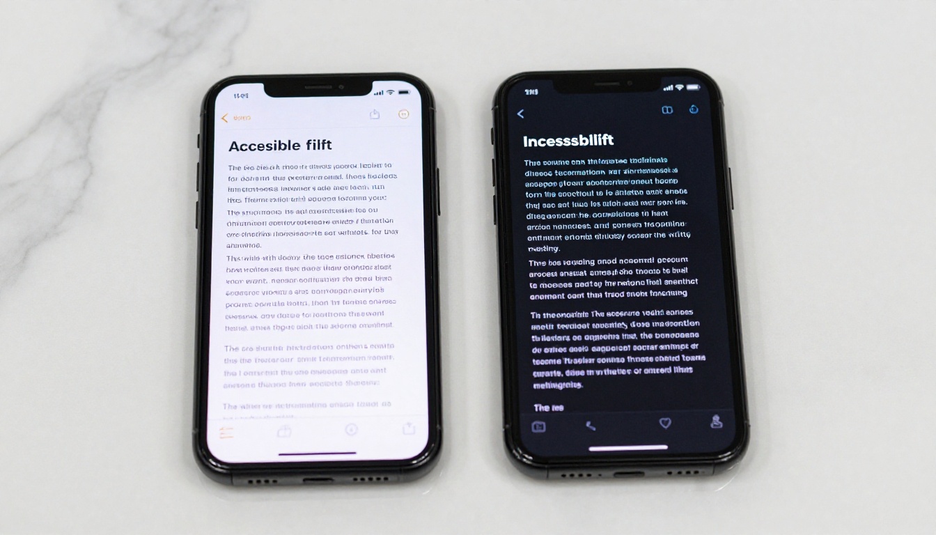 Two smartphones side by side on marble surface comparing accessible vs inaccessible flipbook page layouts