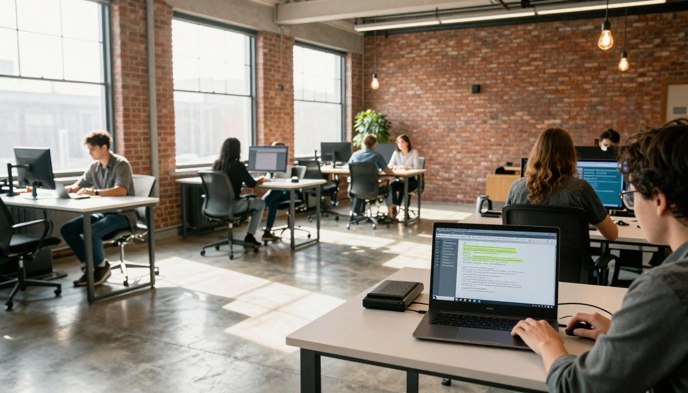 Bright co-working space with braille display user accessing digital flipbook alongside colleagues using standard monitors