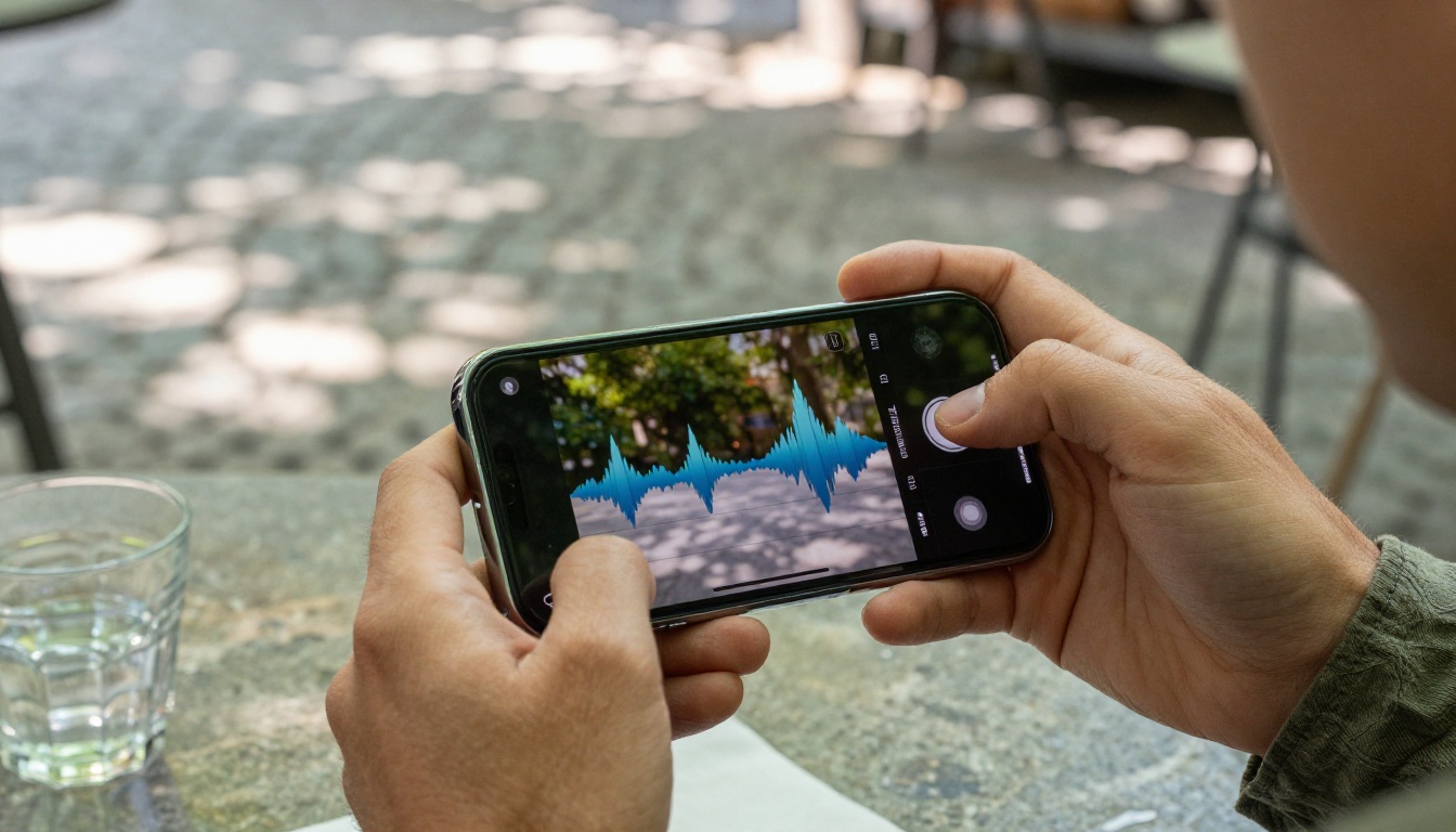 Man holding smartphone showing a flipbook with audio overlay at a sunny outdoor café