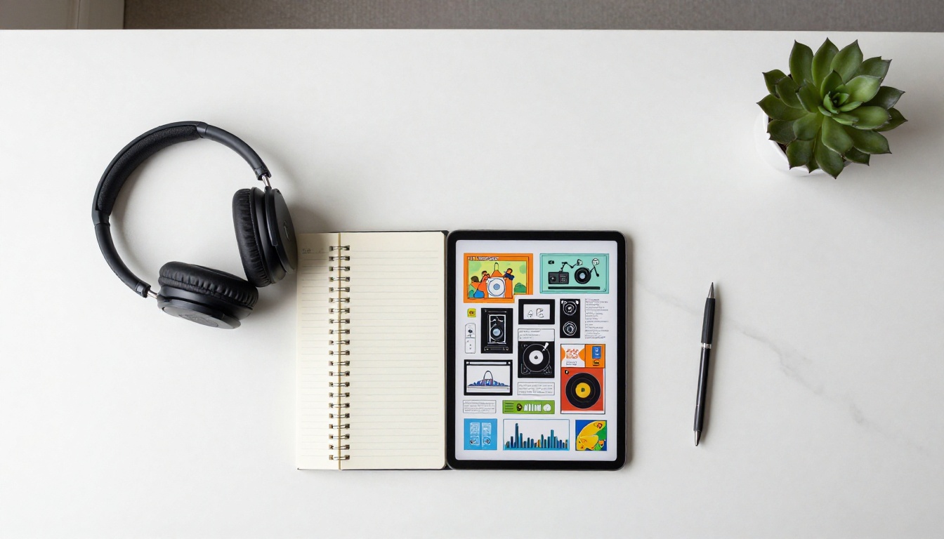 Aerial flat-lay of headphones, tablet, notebook, and audio cards arranged on a white marble desk
