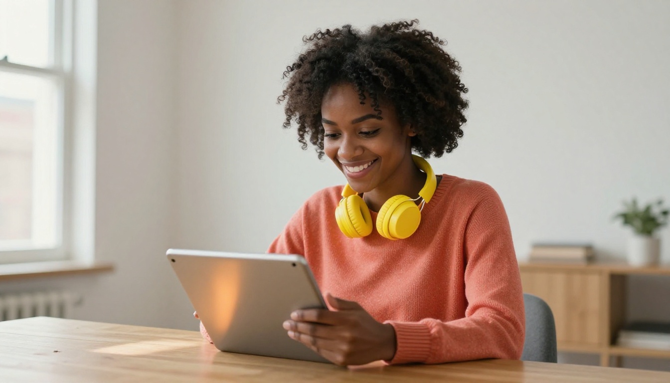 Woman smiling with yellow headphones while reading a digital flipbook on a tablet