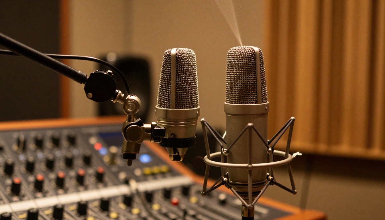 Professional condenser microphone in a recording studio bathed in warm amber lighting