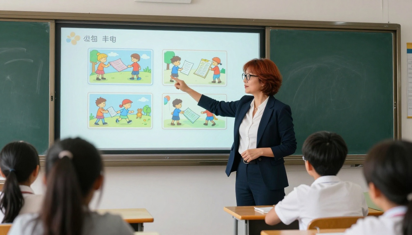 Teacher pointing at a colorful flipbook projected on a classroom screen with students seated