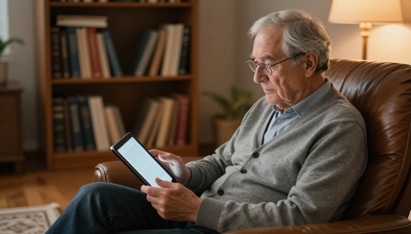 Older gentleman with silver hair and wire-frame glasses listening to a tablet in a cozy armchair