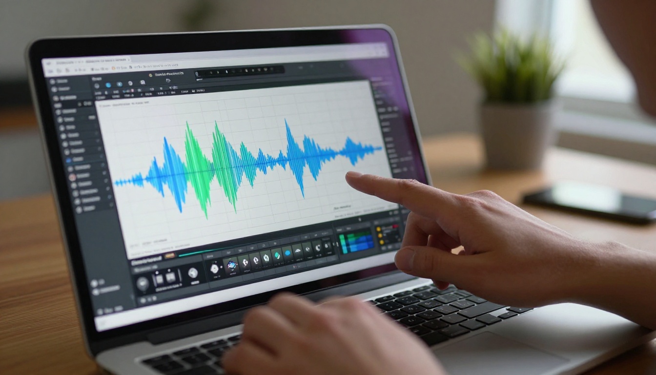 Laptop screen displaying a colorful audio waveform editor interface with hands hovering near the keyboard