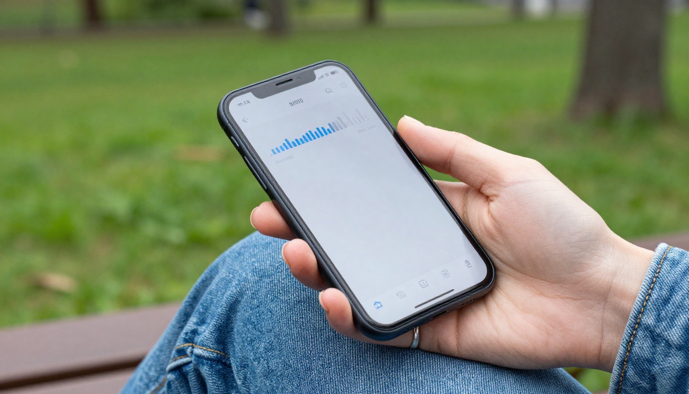 Woman's hand holding a smartphone with audio playback interface visible outdoors in a sunny park