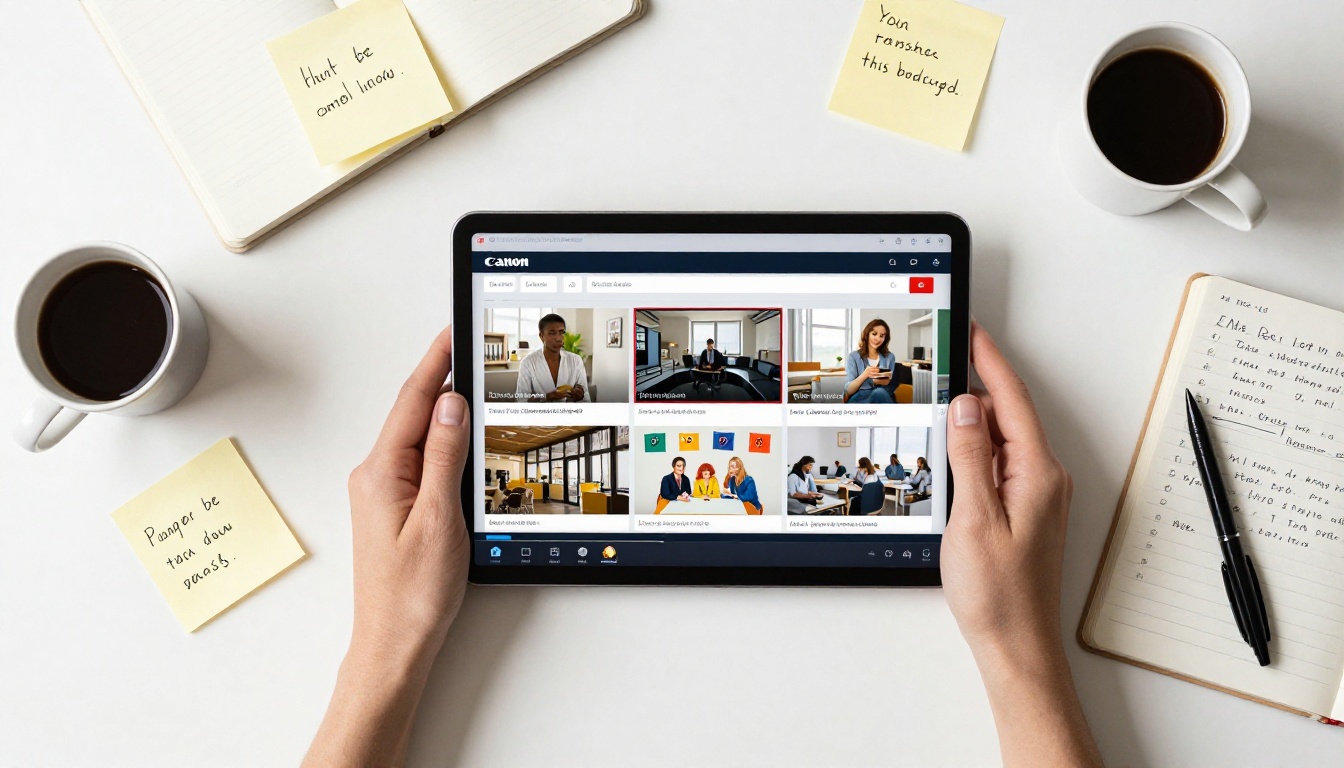 Aerial workspace flat-lay with tablet showing flipbook and caption notes