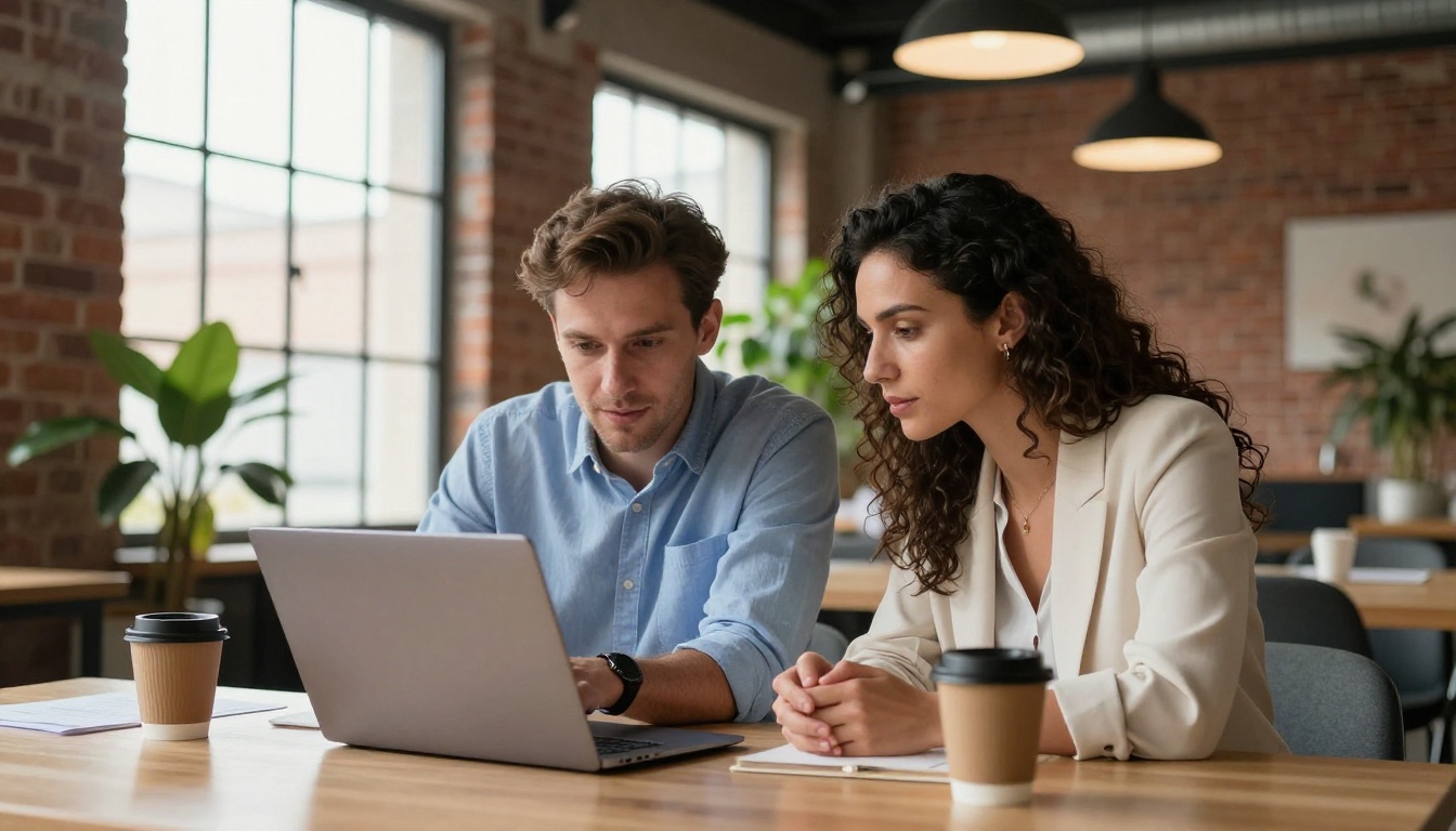 Two colleagues reviewing a digital flipbook together on a laptop in a modern co-working space