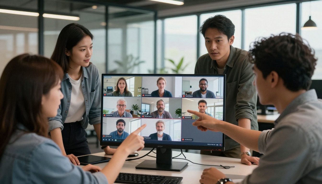 A team collaborating around a monitor watching a captioned video