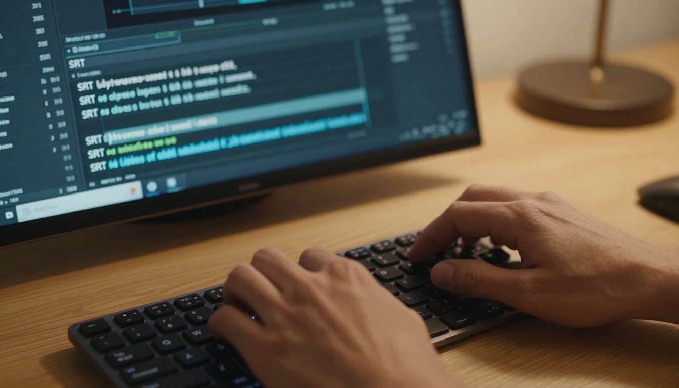 Person's hands editing an SRT caption file at a mechanical keyboard