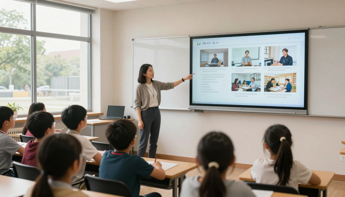 Educator using a captioned flipbook video in a classroom setting