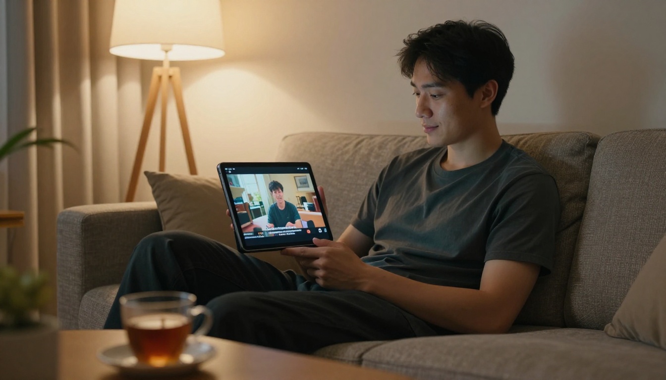 Man on couch reading a flipbook with embedded captioned video on a tablet
