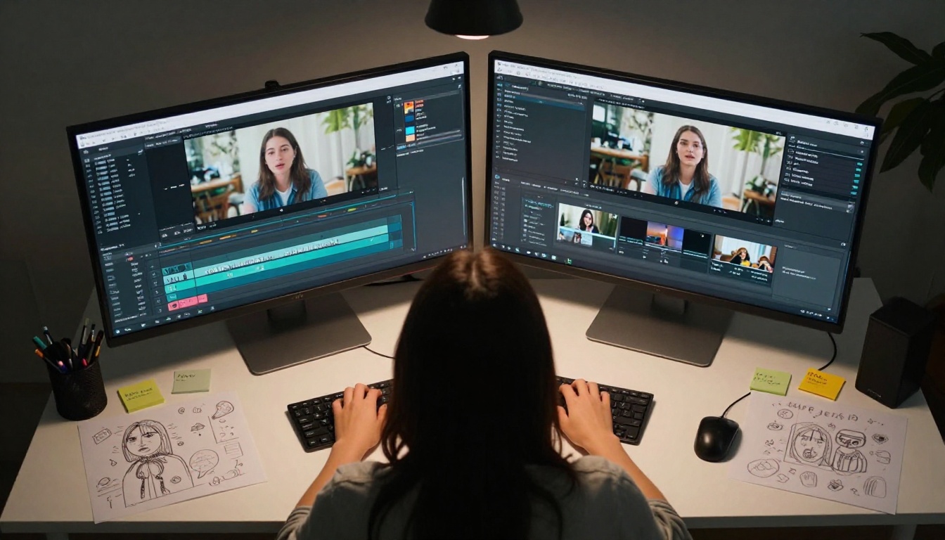 Content creator working at dual monitors with video timeline and flipbook preview