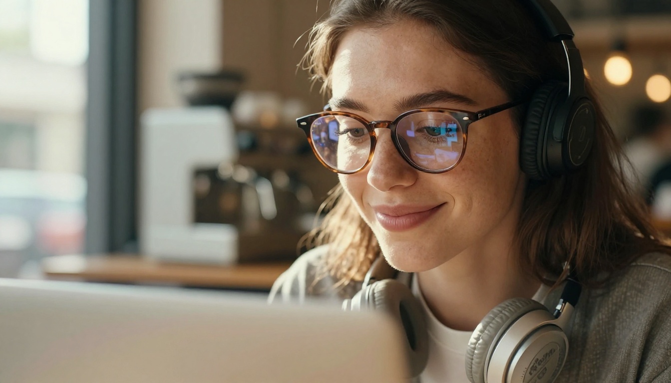 Young woman in a sunlit cafe smiling at her laptop showing a captioned flipbook
