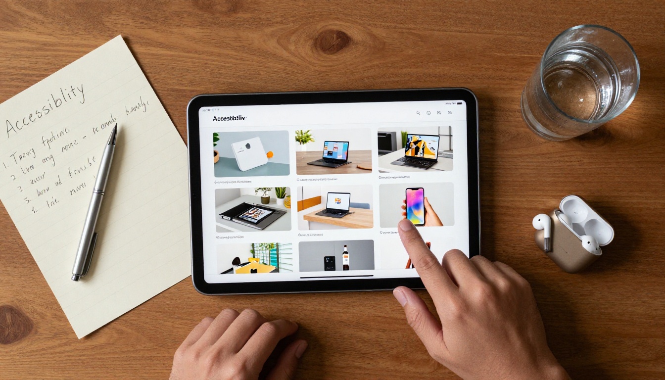 Aerial view of a tablet showing a digital flipbook with accessibility notes on a wooden desk
