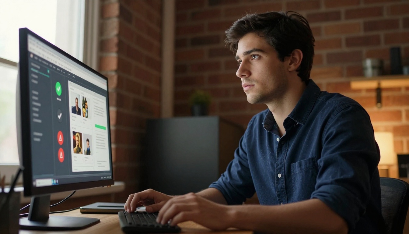 Low-angle shot of a man reviewing a digital flipbook accessibility checker on a large monitor
