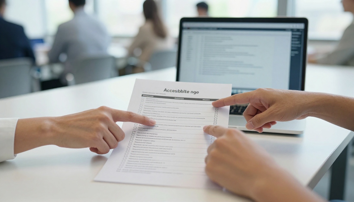 Two people reviewing an accessibility checklist document in a bright conference room