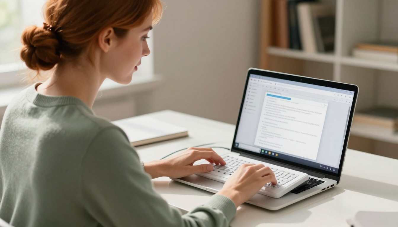 Woman using a braille display device to navigate a digital publication at a white desk