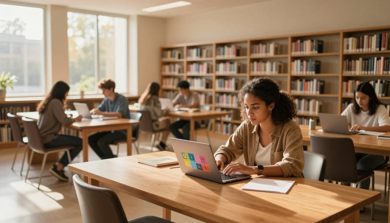 A young woman studying a digital flipbook on her laptop in a warm-lit library space
