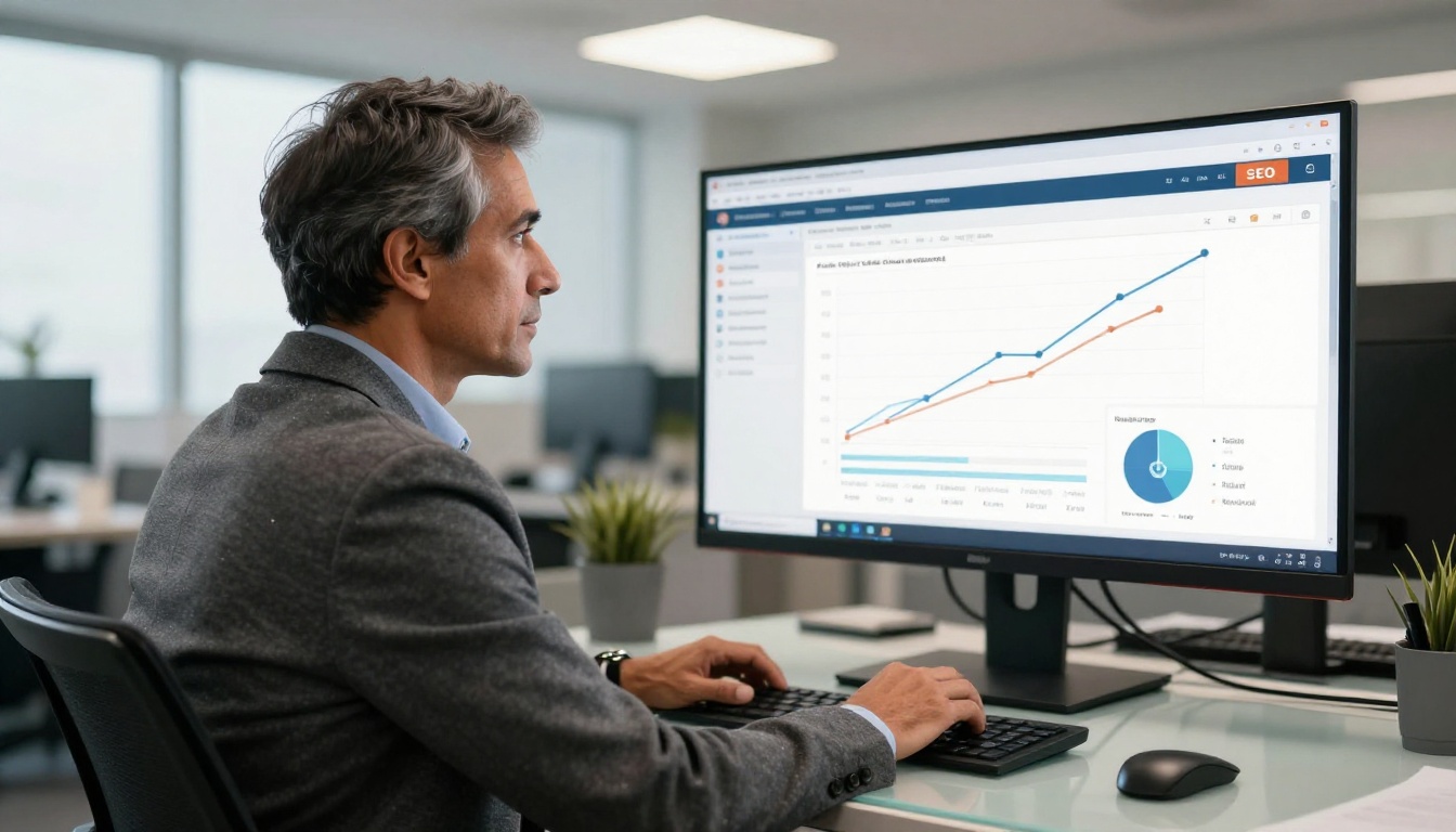 A man reviewing SEO performance metrics on a curved monitor in a modern corporate office