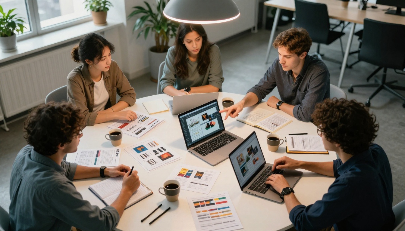 A diverse team collaborating around a table with flipbook pages and laptops in a bright modern office