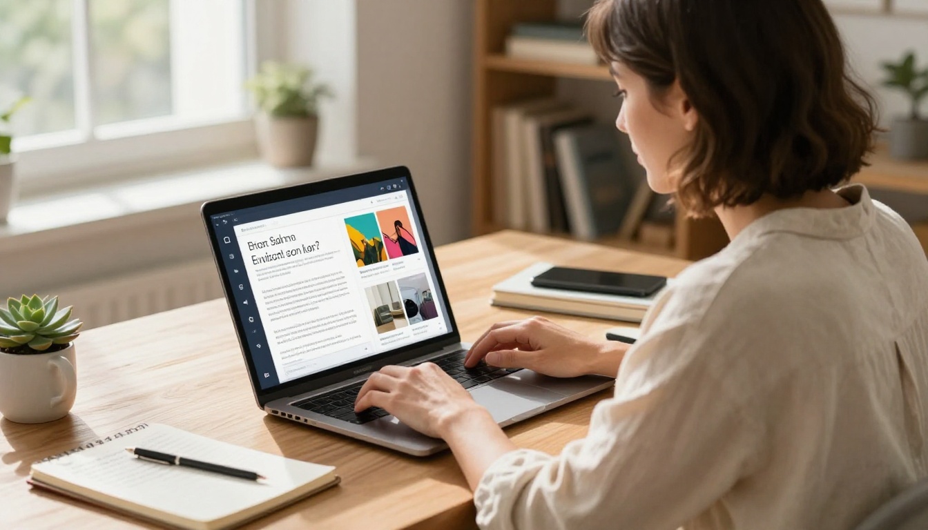 Woman using screen reader with laptop displaying an accessible flipbook publication