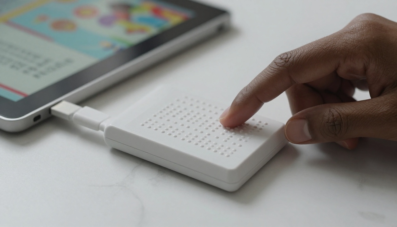 Close-up of hands reading a braille display alongside a tablet showing a digital flipbook