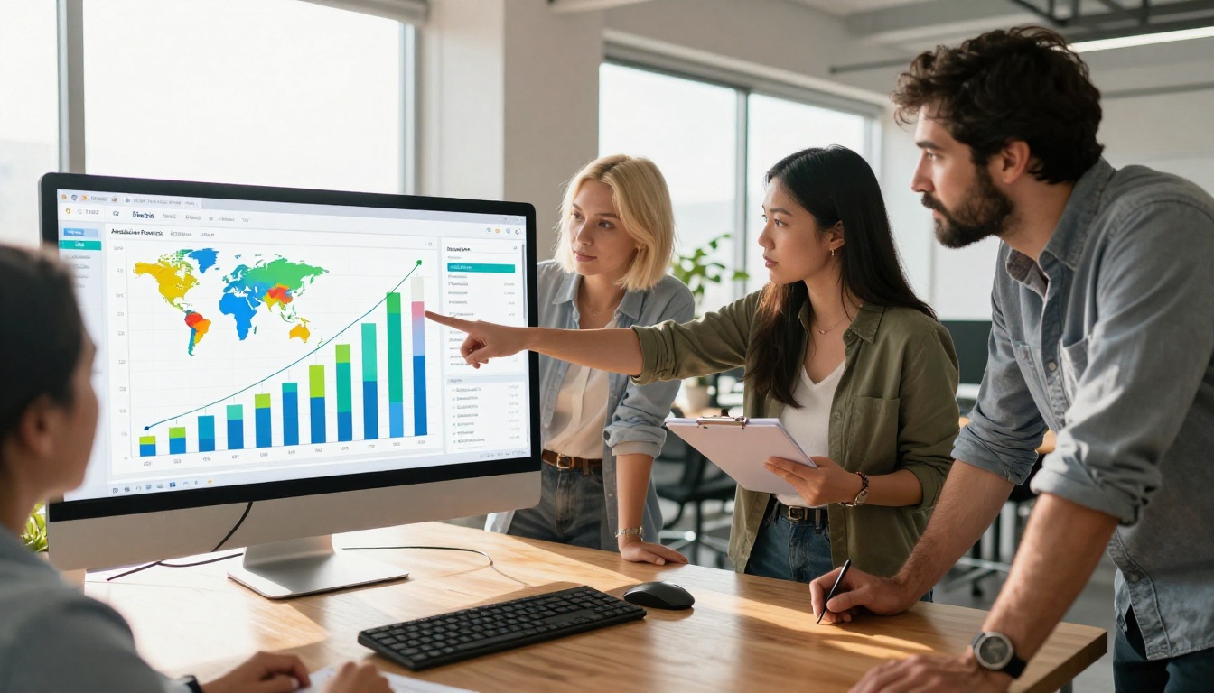 Diverse team reviewing analytics dashboard showing global audience reach
