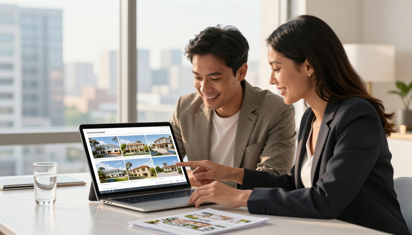Real estate agent showing an accessible digital flipbook brochure to a diverse couple in a modern bright office Real estate agent showing an accessible digital flipbook brochure to a diverse couple in a modern bright office