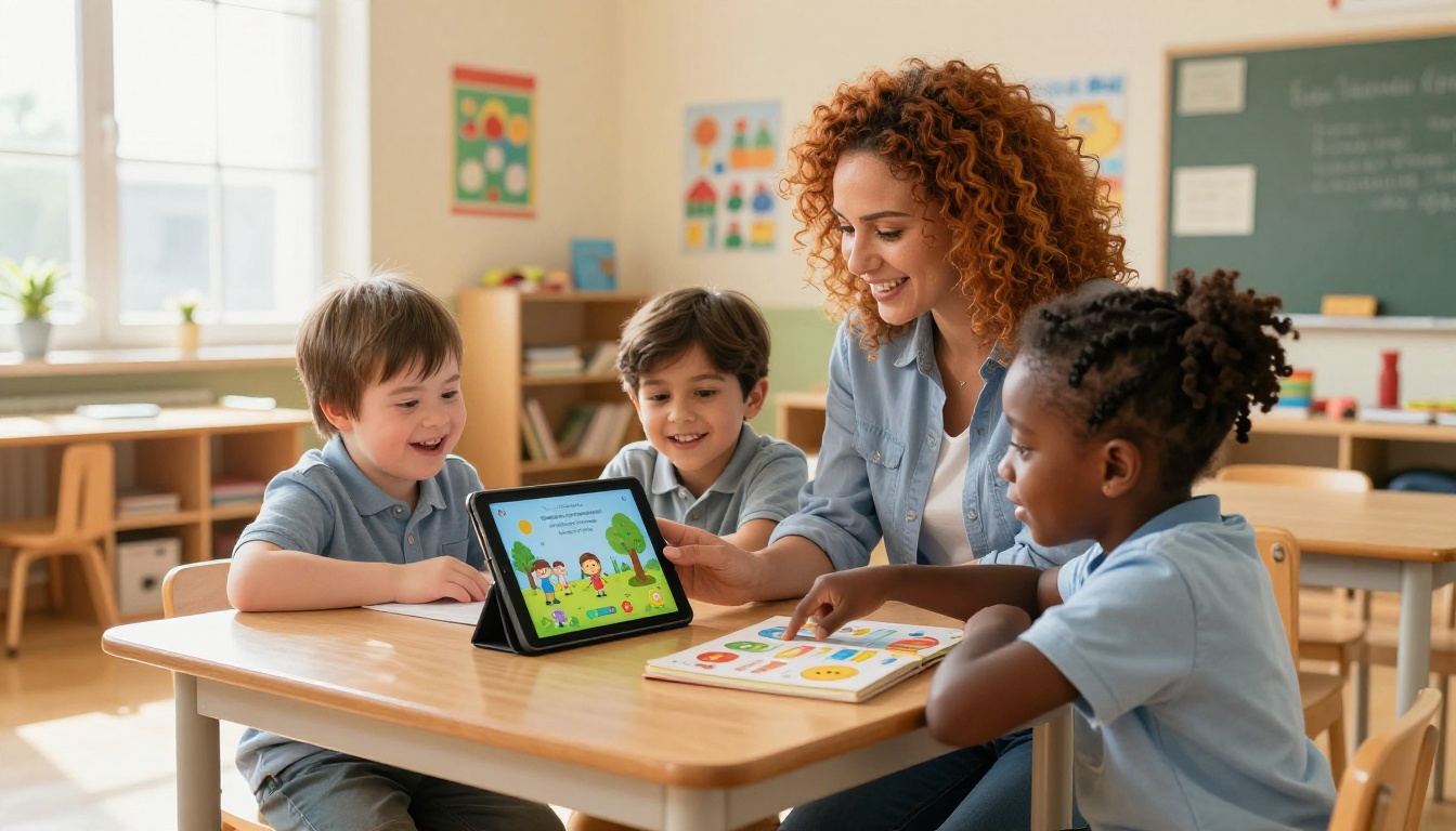 Teacher showing an accessible educational flipbook on a tablet to diverse children in a warm inclusive classroom Teacher showing an accessible educational flipbook on a tablet to diverse children in a warm inclusive classroom