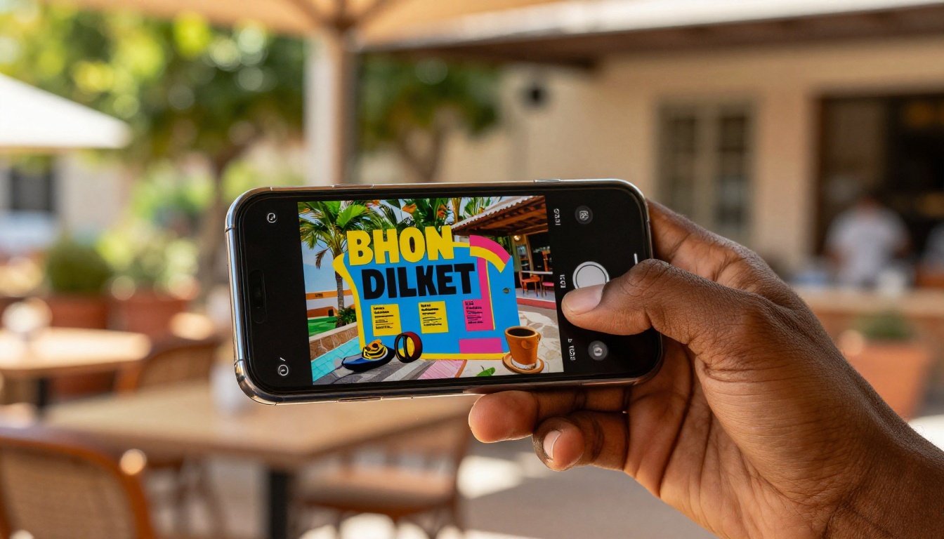Close-up of hand holding smartphone displaying a colorful accessible flipbook at a sunlit cafe terrace