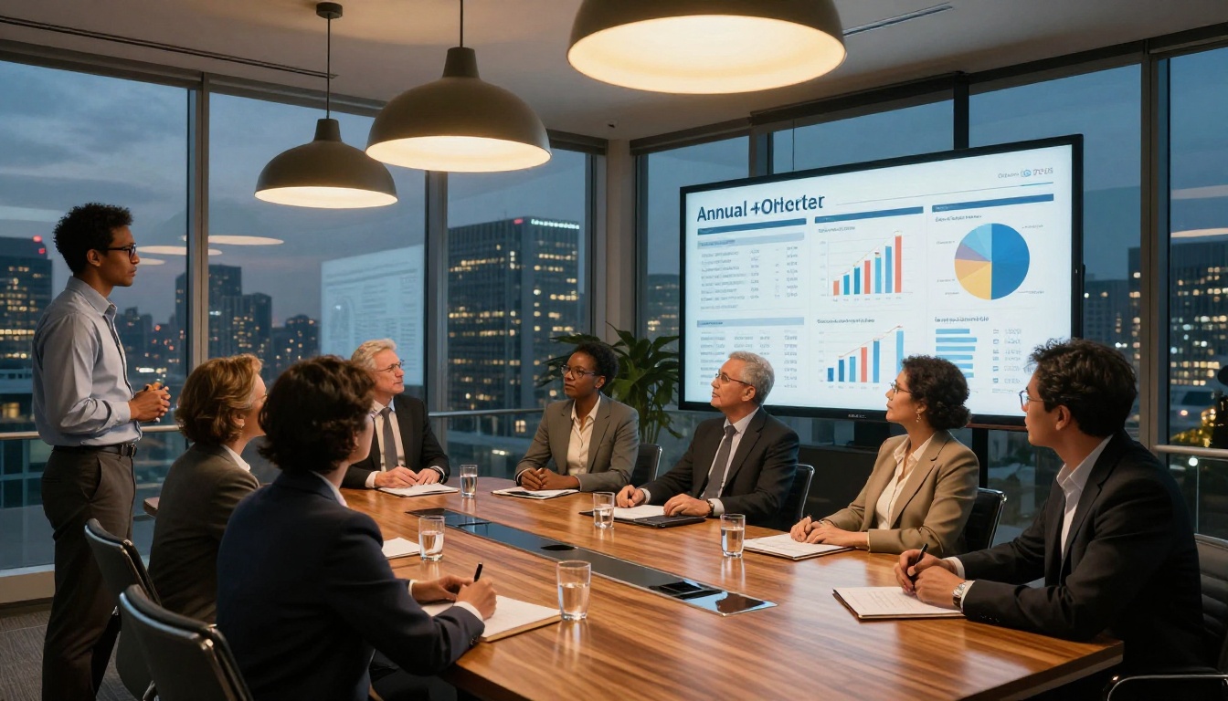 Diverse corporate professionals reviewing an accessible annual report flipbook in a modern boardroom at dusk Diverse corporate professionals reviewing an accessible annual report flipbook in a modern boardroom at dusk