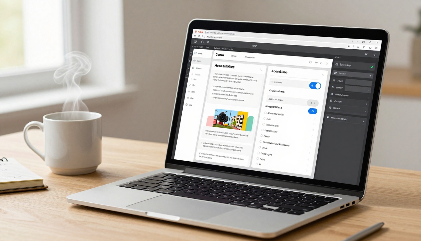 Laptop screen showing a clean flipbook editor with an accessibility settings panel open beside a warm coffee mug Laptop screen showing a clean flipbook editor with an accessibility settings panel open beside a warm coffee mug