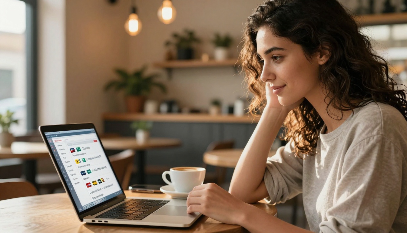 Young multilingual professional woman browsing a flipbook with language options at a warm European cafe