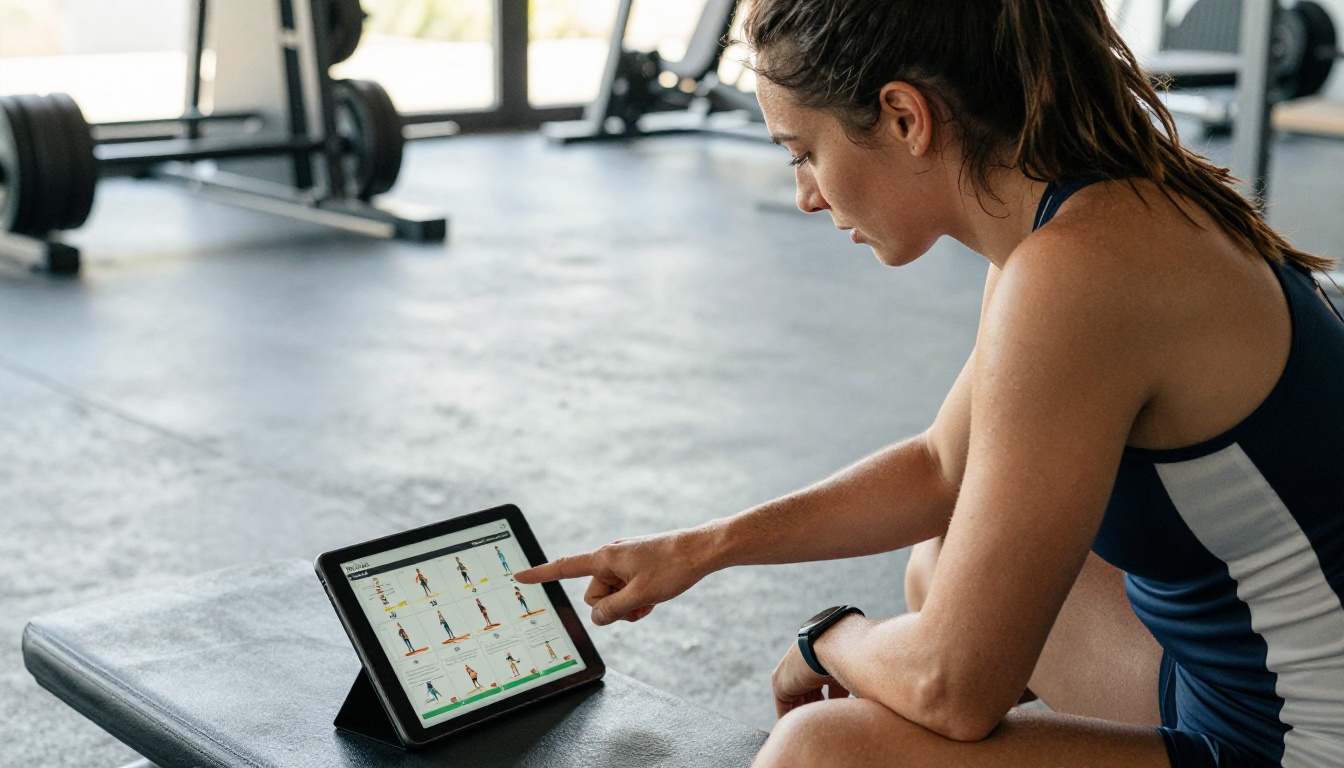 Trainer and client reviewing a digital fitness flipbook on tablet in a modern gym