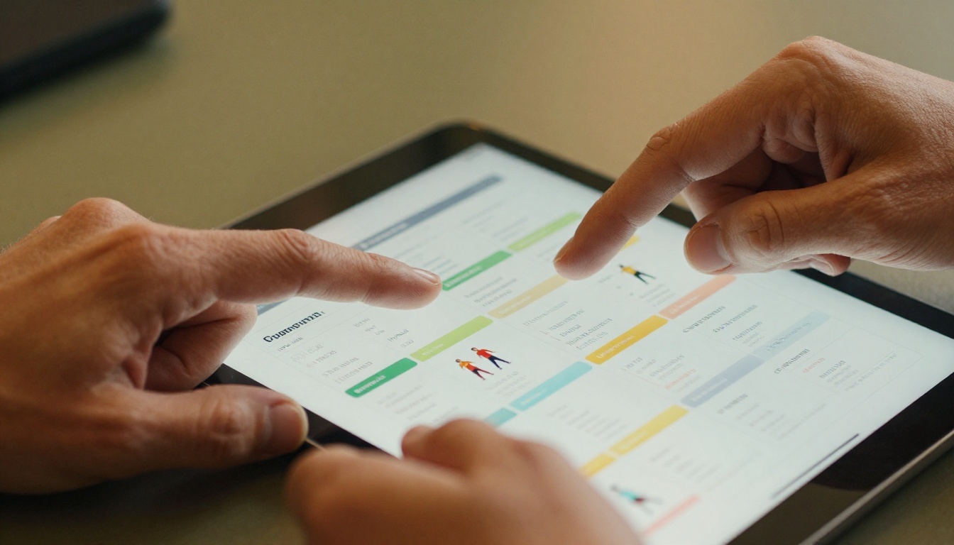 Close-up of hands navigating a digital personal trainer flipbook on tablet