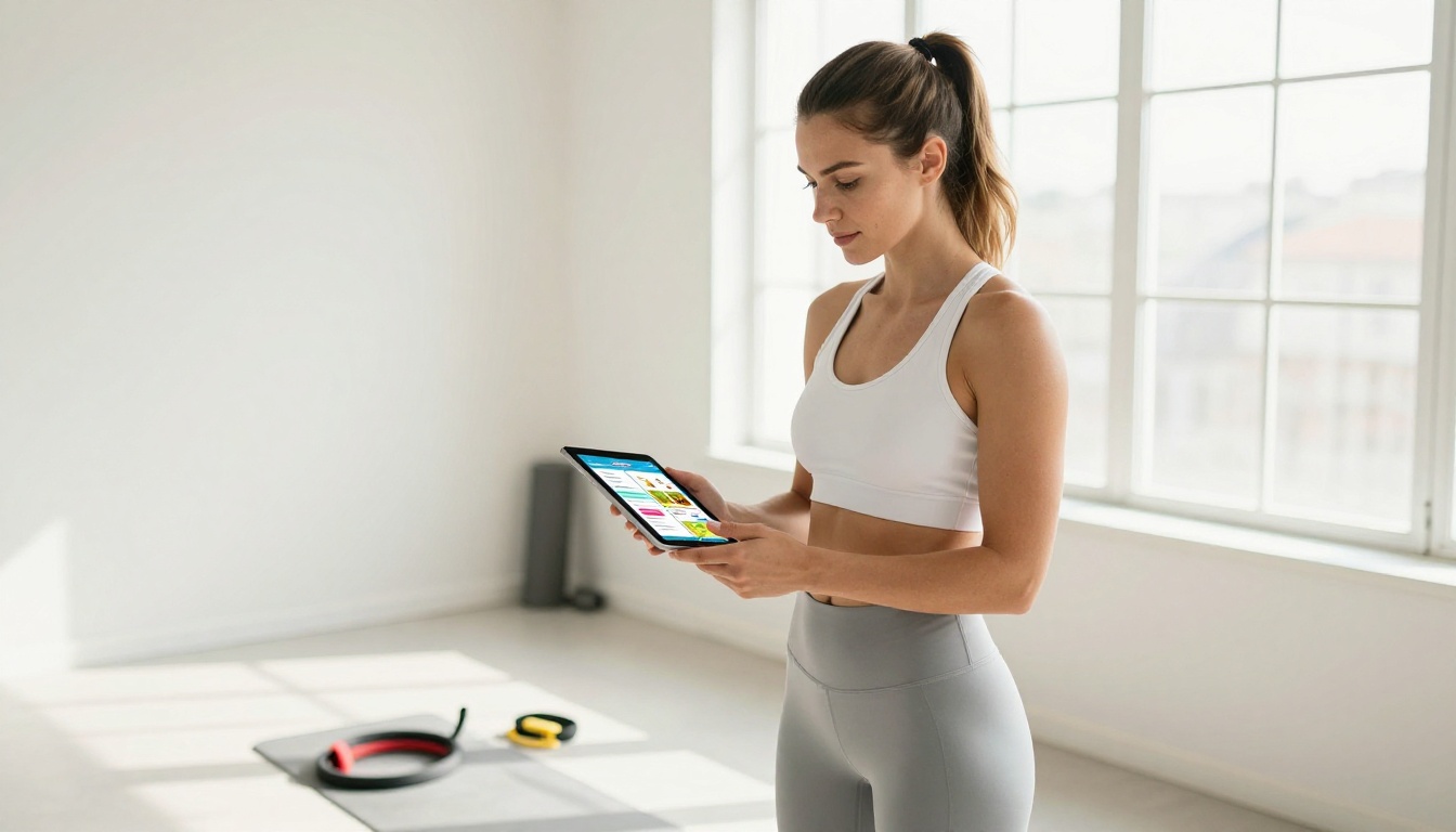 Female personal trainer reviewing a nutrition plan flipbook in a bright fitness studio